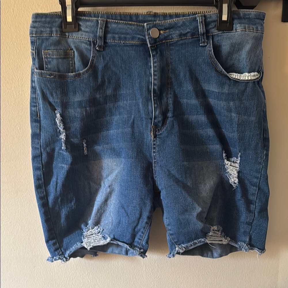 SHEIN Blue Distressed Jean Shorts with Frayed Hem